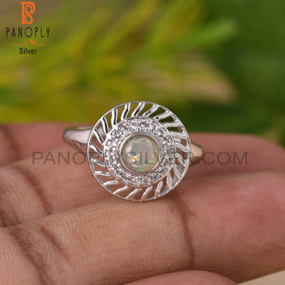 Ethiopian Opal & White Topaz Round 925 Sterling Silver Ring