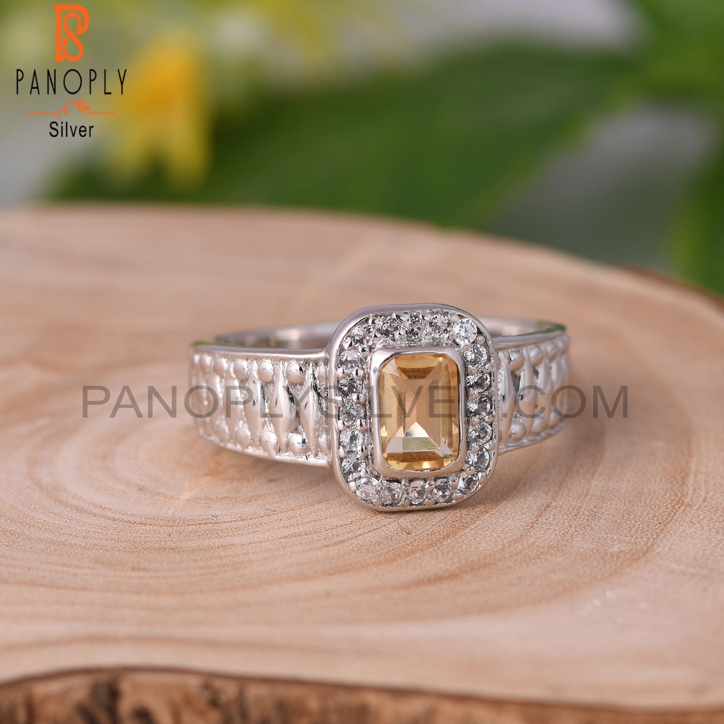Citrine & White Topaz Cushion 925 Sterling Silver Ring