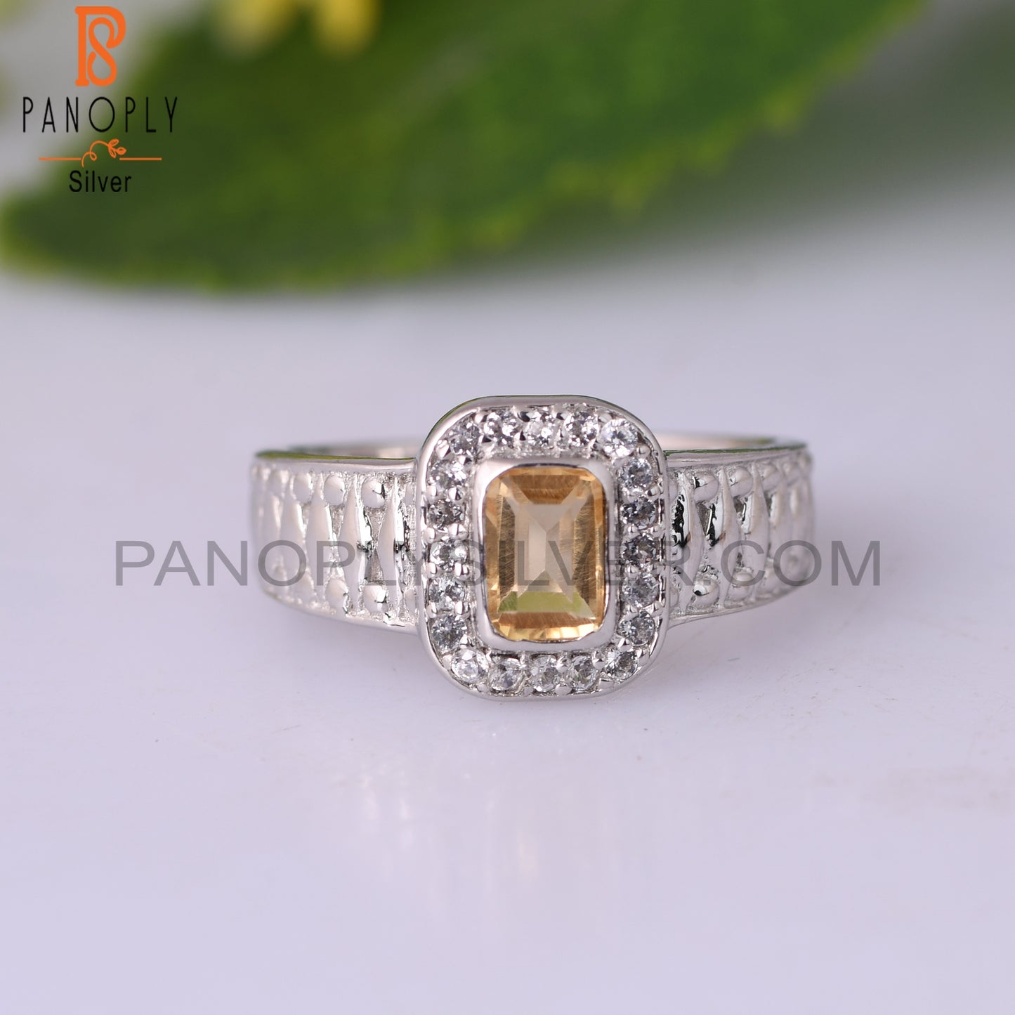 Citrine & White Topaz Cushion 925 Sterling Silver Ring