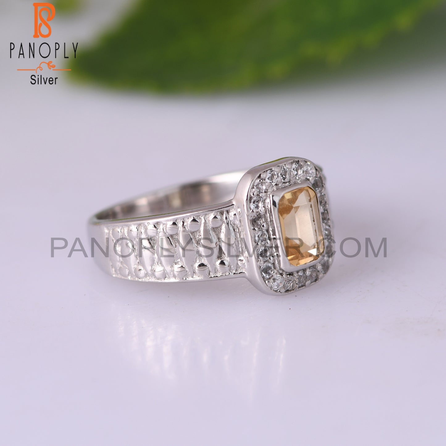 Citrine & White Topaz Cushion 925 Sterling Silver Ring