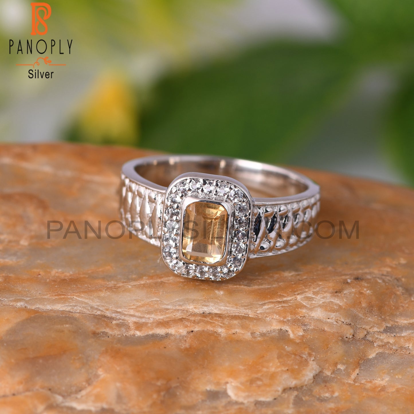 Citrine & White Topaz Cushion 925 Sterling Silver Ring