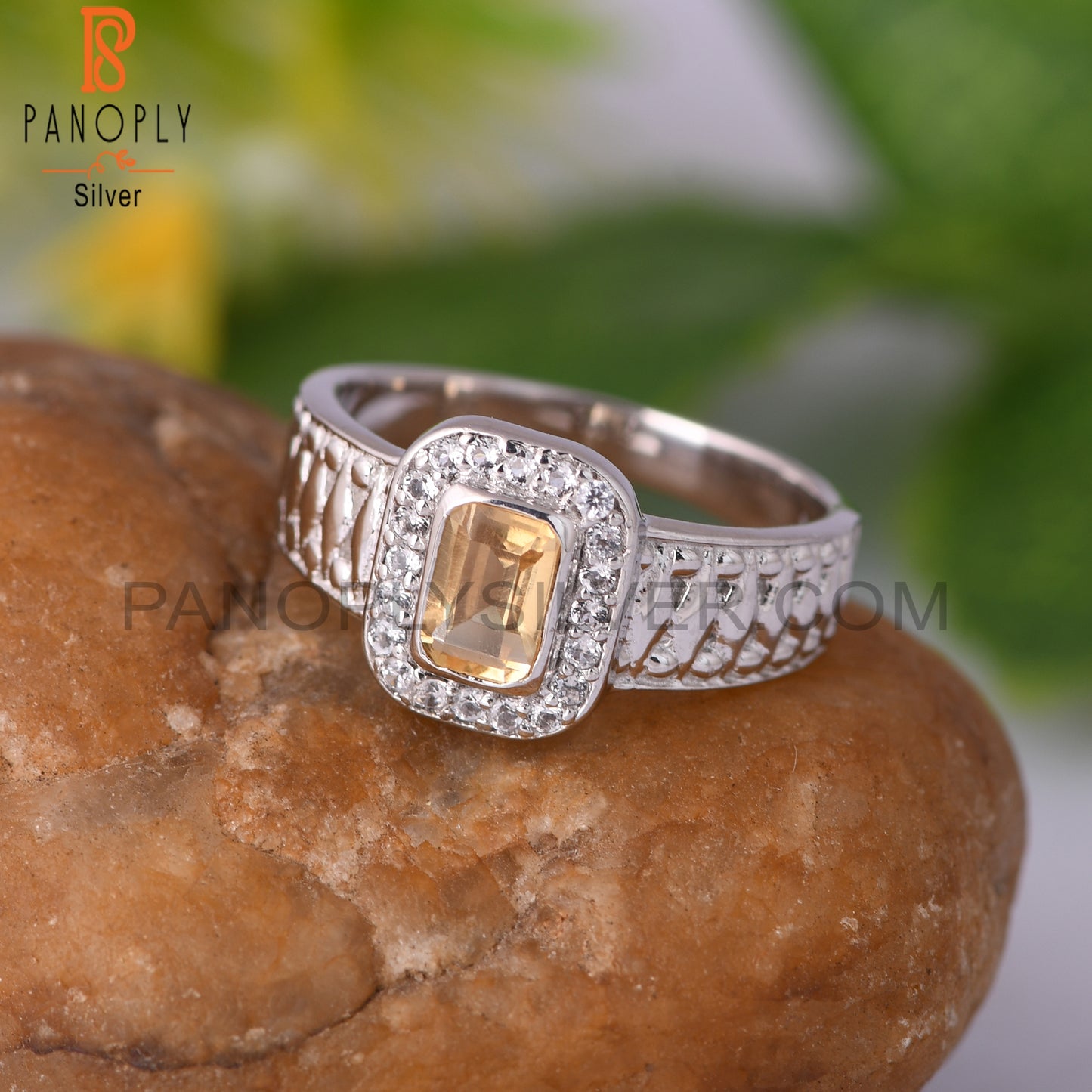 Citrine & White Topaz Cushion 925 Sterling Silver Ring
