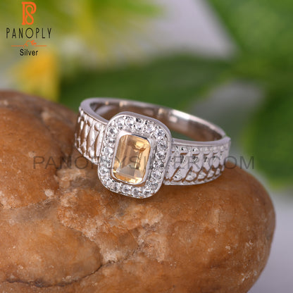 Citrine & White Topaz Cushion 925 Sterling Silver Ring