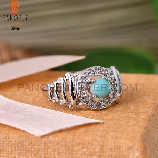 White Topaz & Arizona Turquoise Round 925 Sterling Silver Ring