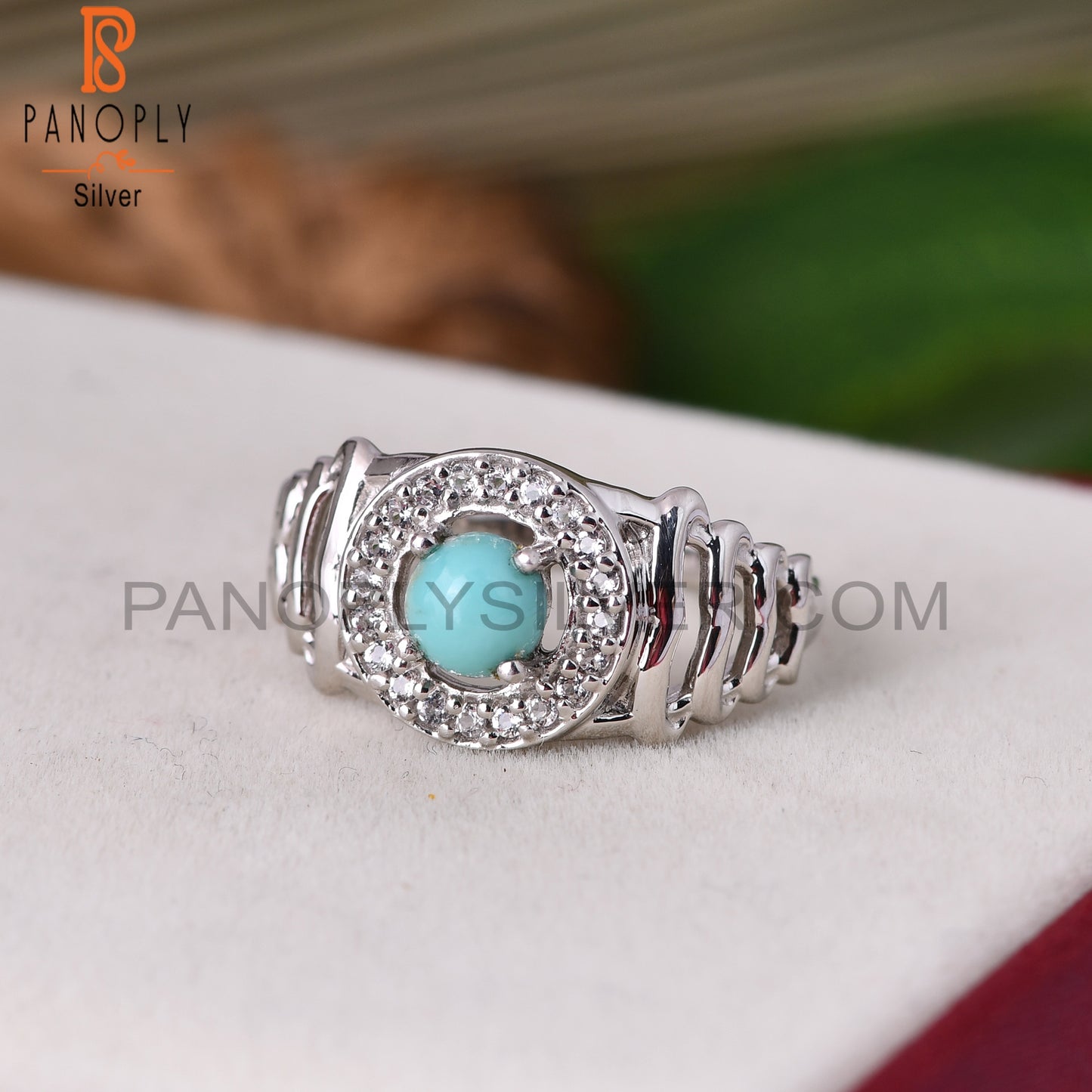 White Topaz & Arizona Turquoise Round 925 Sterling Silver Ring