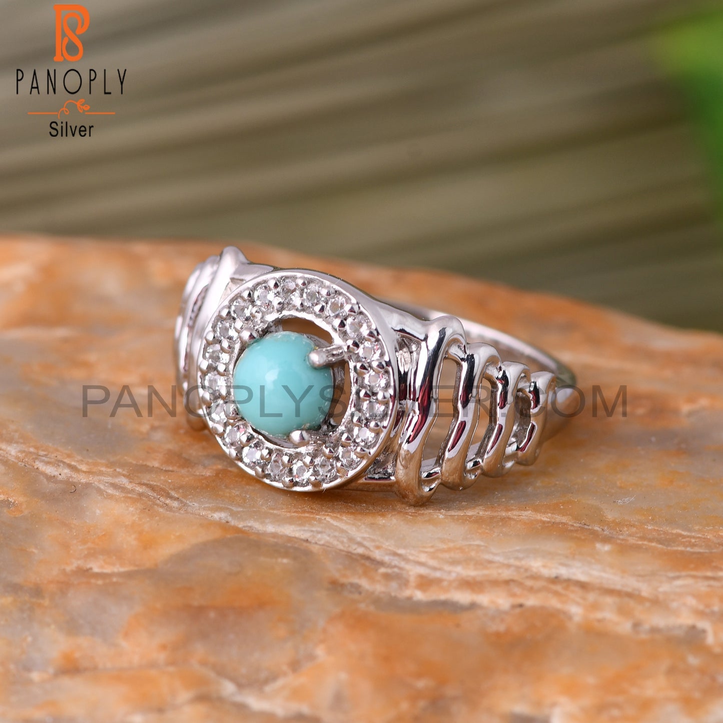 White Topaz & Arizona Turquoise Round 925 Sterling Silver Ring