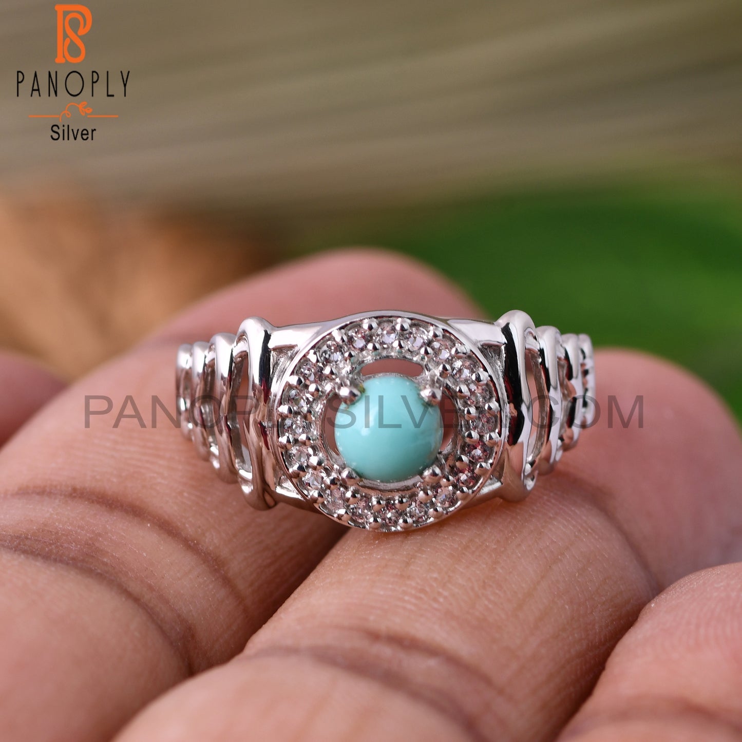 White Topaz & Arizona Turquoise Round 925 Sterling Silver Ring