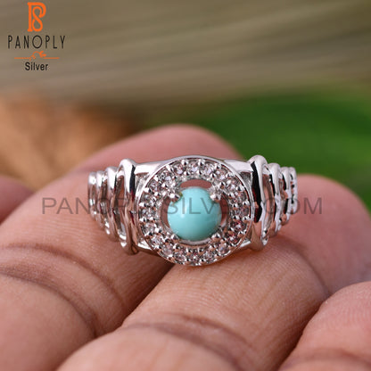 White Topaz & Arizona Turquoise Round 925 Sterling Silver Ring