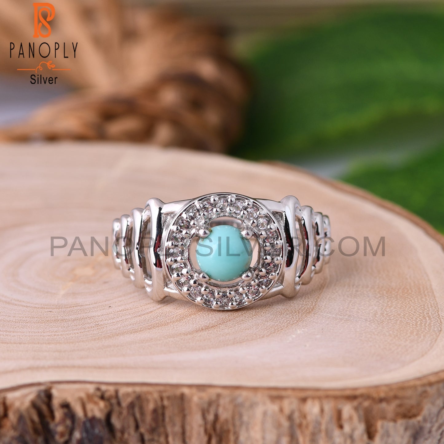 White Topaz & Arizona Turquoise Round 925 Sterling Silver Ring