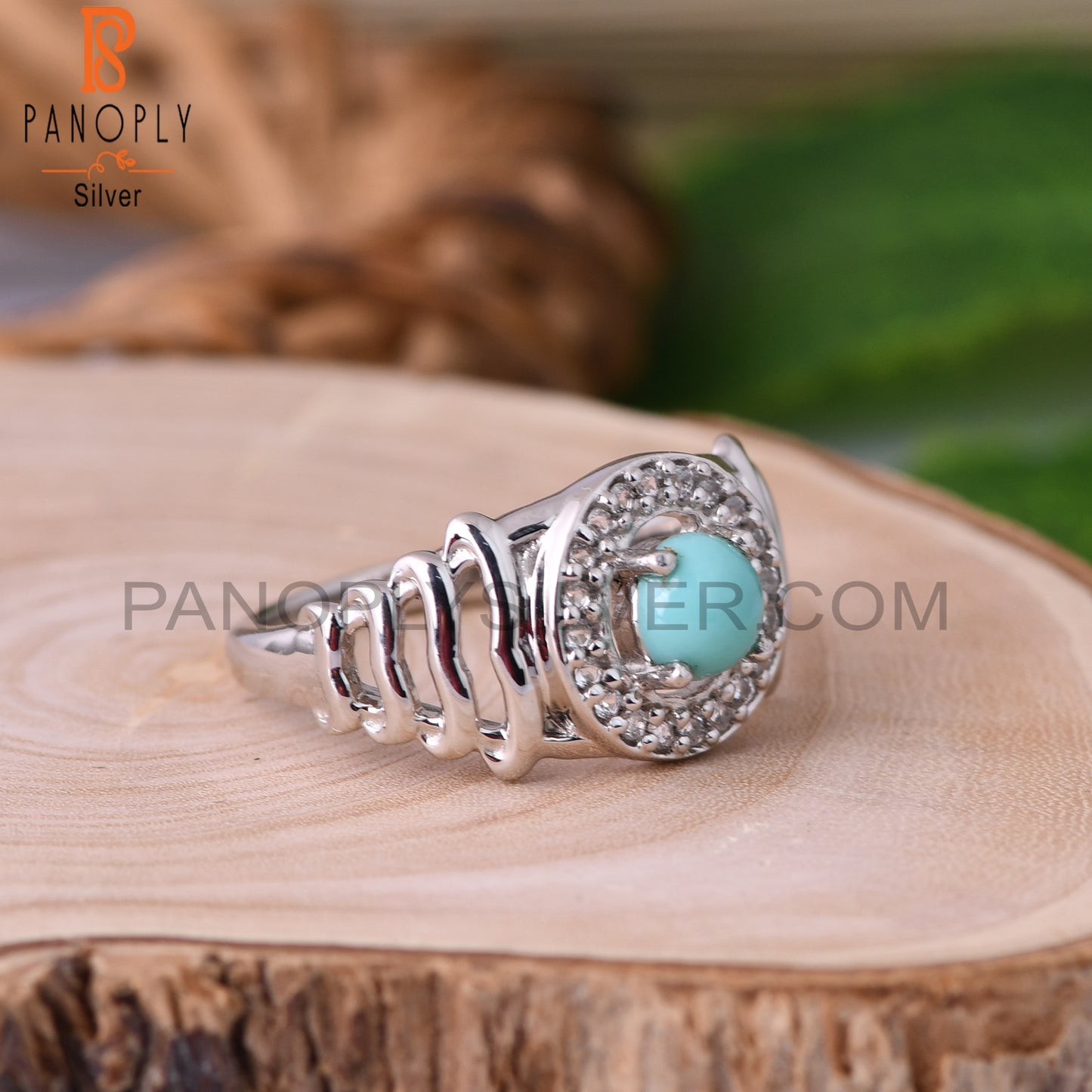 White Topaz & Arizona Turquoise Round 925 Sterling Silver Ring
