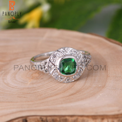 Glass Green & White Topaz Round 925 Sterling Silver Ring