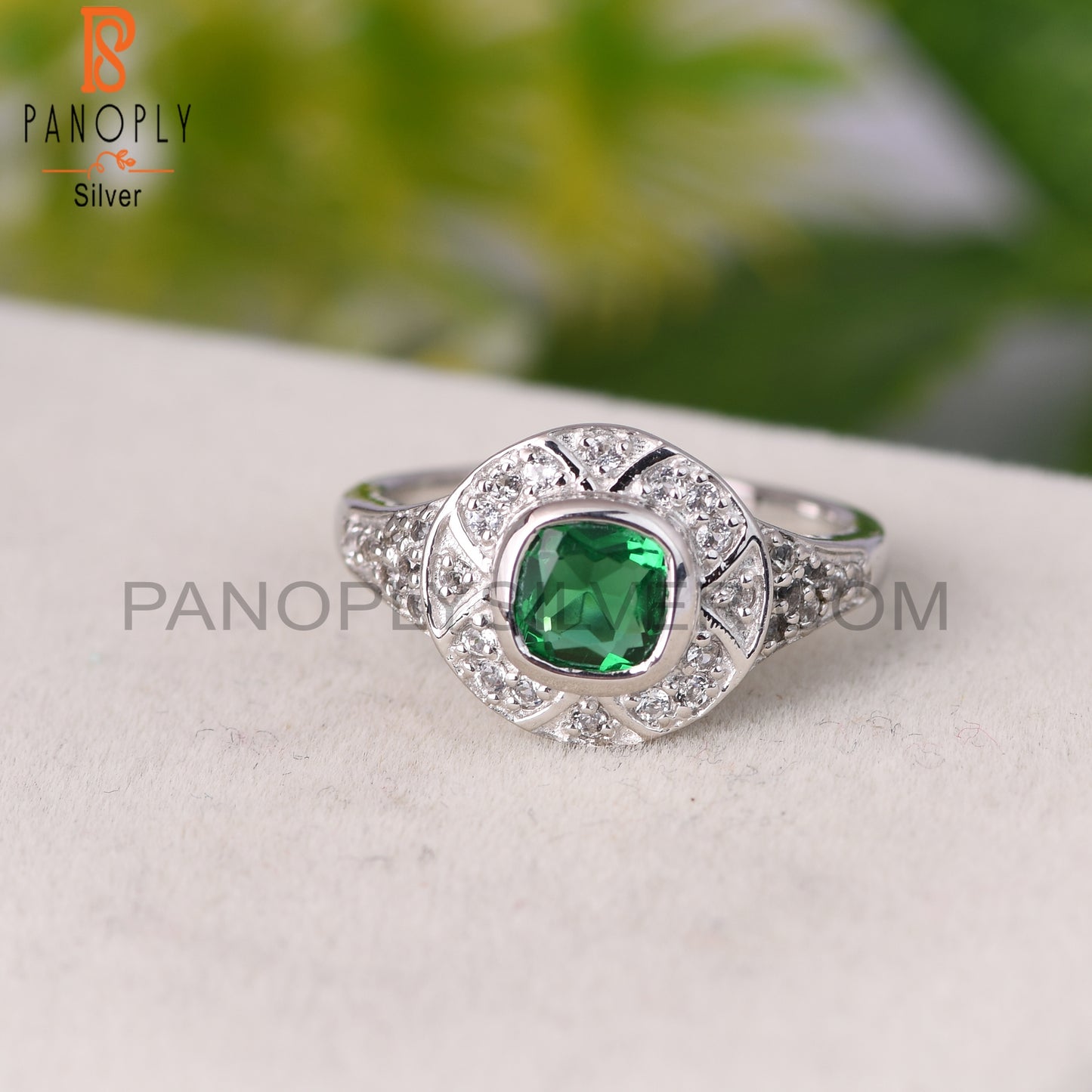 Glass Green & White Topaz Round 925 Sterling Silver Ring