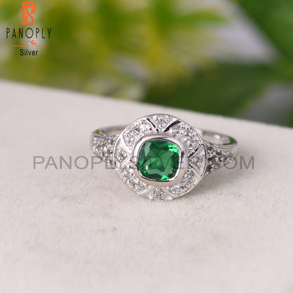 Glass Green & White Topaz Round 925 Sterling Silver Ring