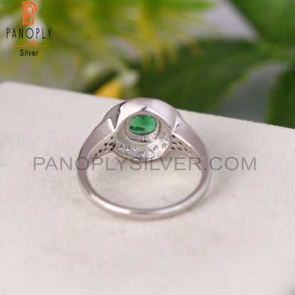 Glass Green & White Topaz Round 925 Sterling Silver Ring