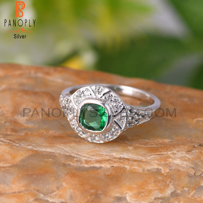 Glass Green & White Topaz Round 925 Sterling Silver Ring