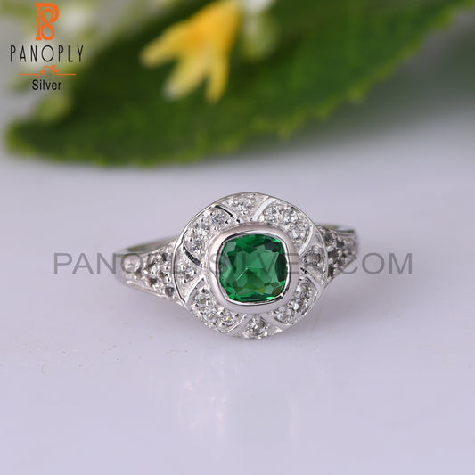 Glass Green & White Topaz Round 925 Sterling Silver Ring