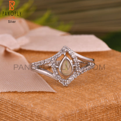 Ethiopian Opal & White Topaz 925 Sterling Silver Pear Ring