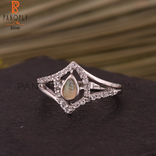 Ethiopian Opal & White Topaz 925 Sterling Silver Pear Ring