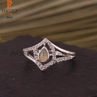 Ethiopian Opal & White Topaz 925 Sterling Silver Pear Ring