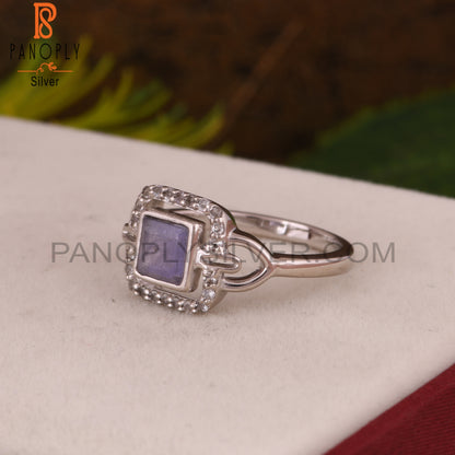 Tanzanite & White Topaz Square 925 Sterling Silver Ring