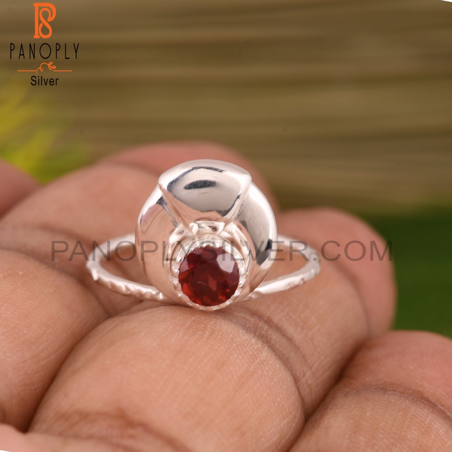 Garnet Round Shape 925 Sterling Silver Red Ring