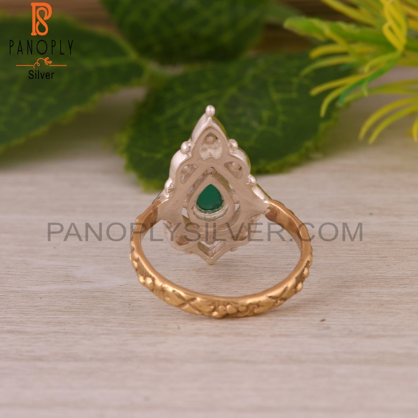 Green Onyx Pear Shape S 925 Two Tone Ring