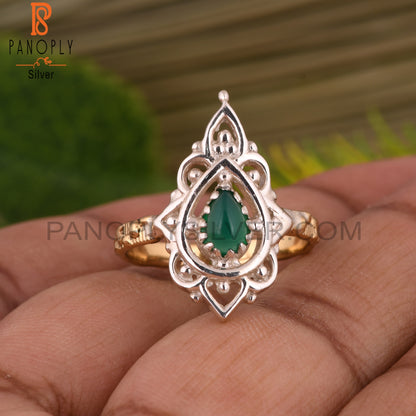 Green Onyx Pear Shape S 925 Two Tone Ring
