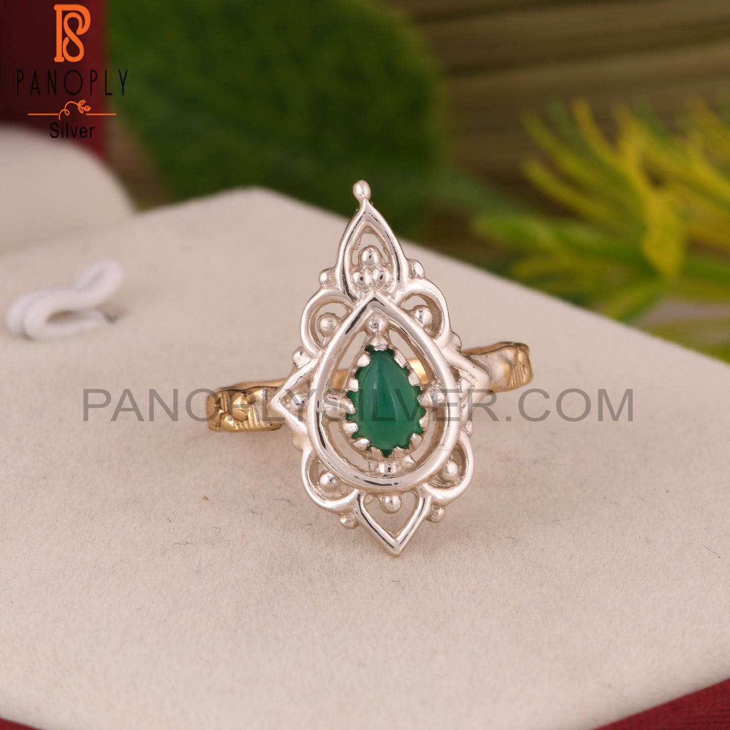 Green Onyx Pear Shape S 925 Two Tone Ring