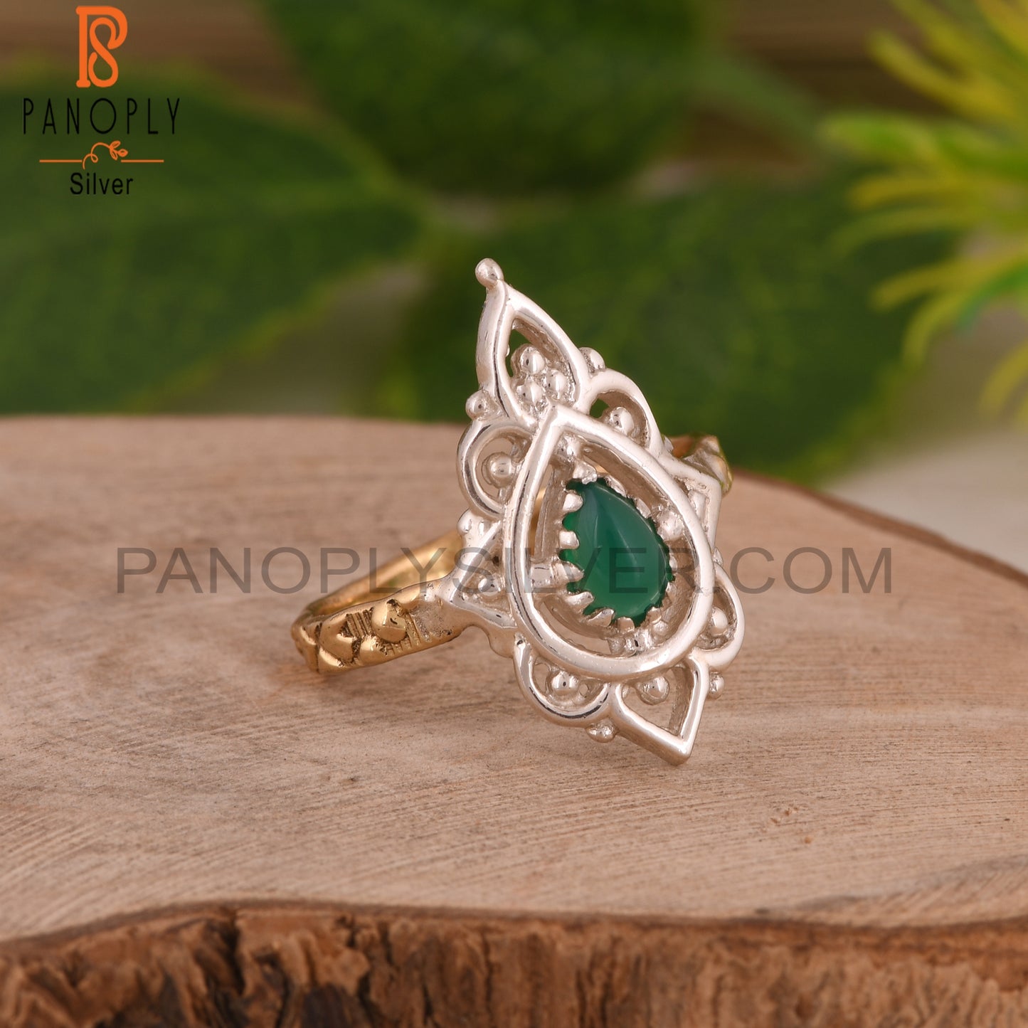 Green Onyx Pear Shape S 925 Two Tone Ring