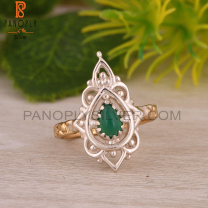 Green Onyx Pear Shape S 925 Two Tone Ring