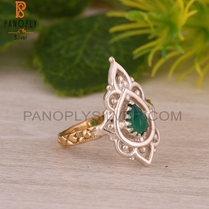 Green Onyx Pear Shape S 925 Two Tone Ring