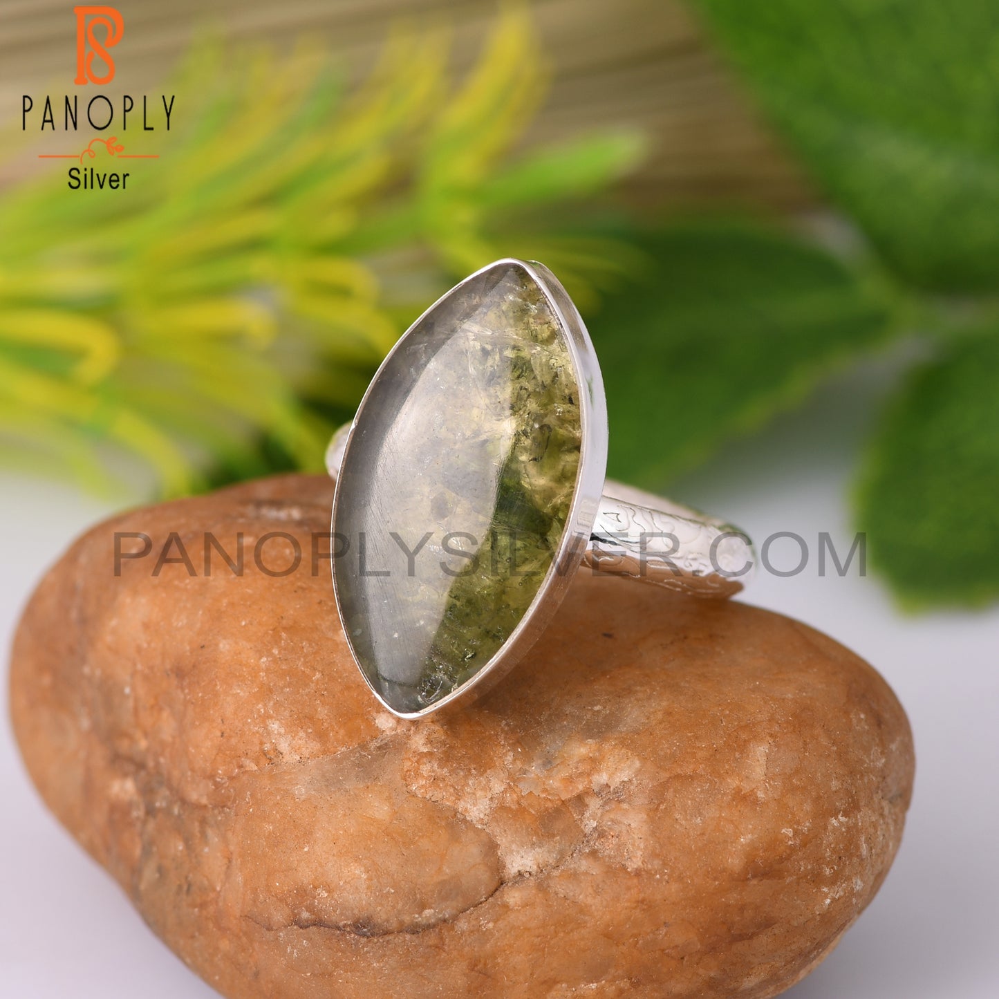 Moldavite Marquise Shape Sterling Silver Ring