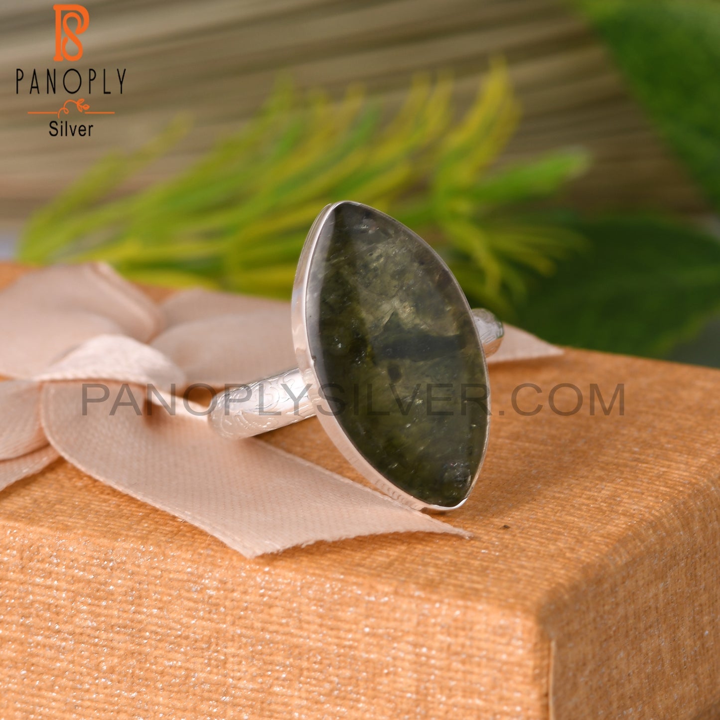 Moldavite Marquise Shape Sterling Silver Ring