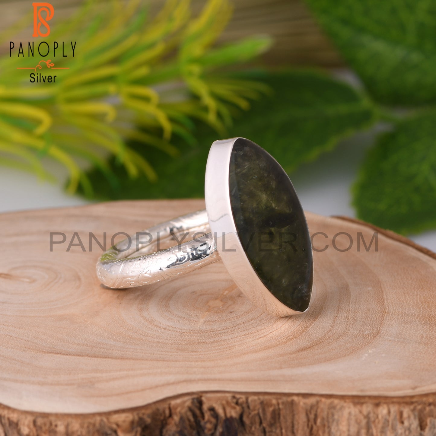 Moldavite Marquise Shape Sterling Silver Ring