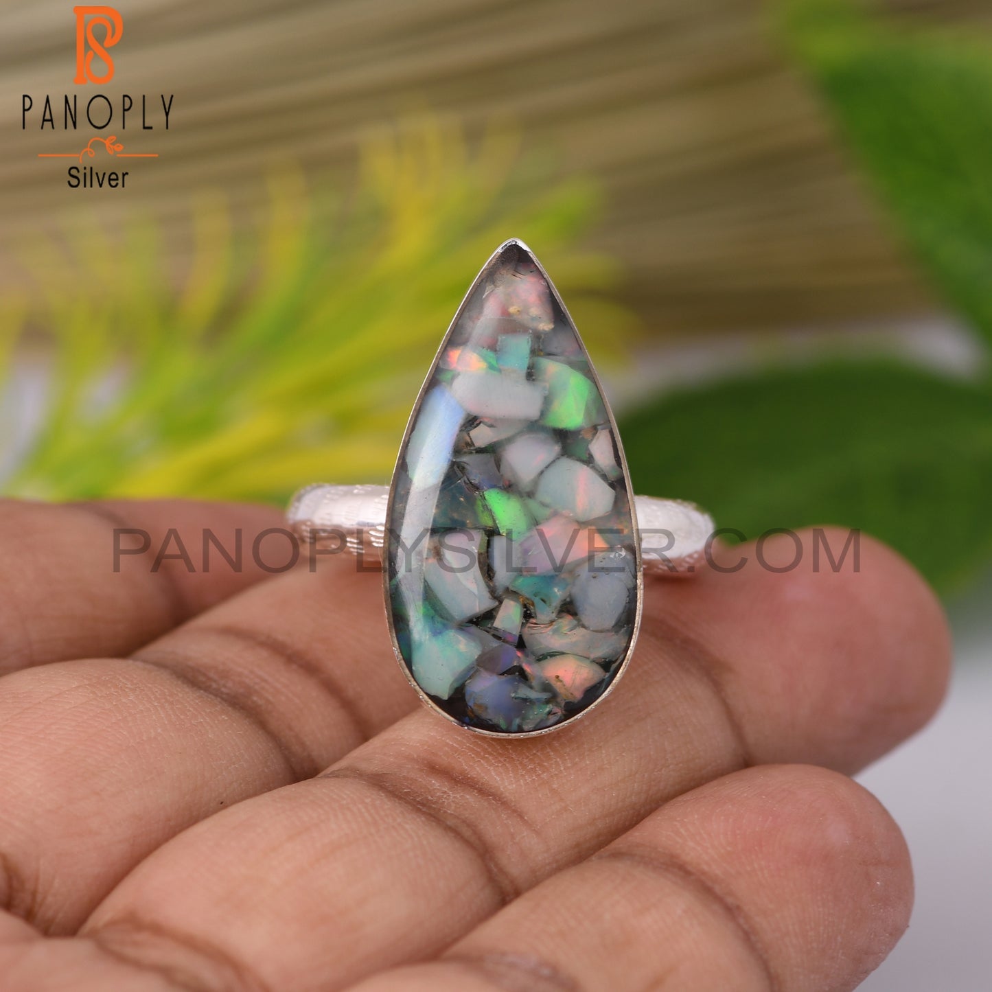 Ethiopian Opal Pear Shape Sterling Silver Ring