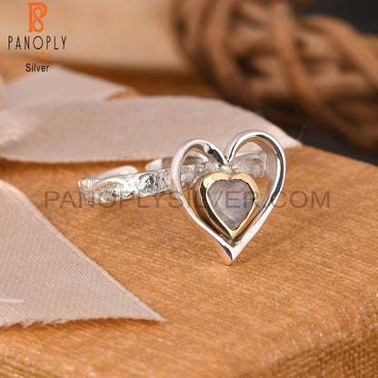 Rainbow Moonstone Two Tone Heart 925 Sterling Silver Ring