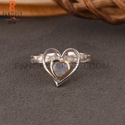Rainbow Moonstone Two Tone Heart 925 Sterling Silver Ring