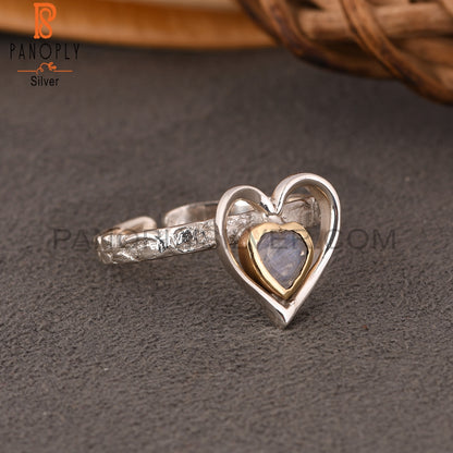 Rainbow Moonstone Two Tone Heart 925 Sterling Silver Ring