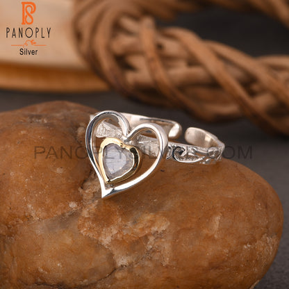 Rainbow Moonstone Two Tone Heart 925 Sterling Silver Ring