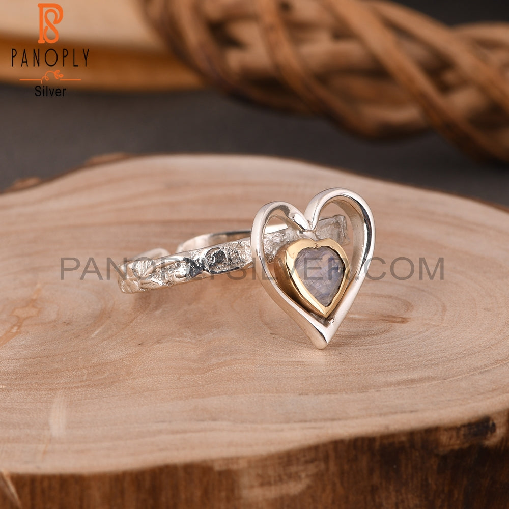 Rainbow Moonstone Two Tone Heart 925 Sterling Silver Ring