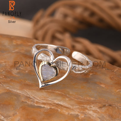 Rainbow Moonstone Two Tone Heart 925 Sterling Silver Ring