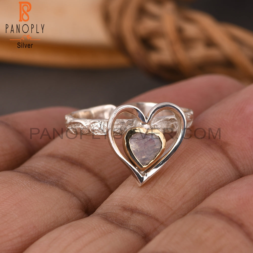 Rainbow Moonstone Two Tone Heart 925 Sterling Silver Ring