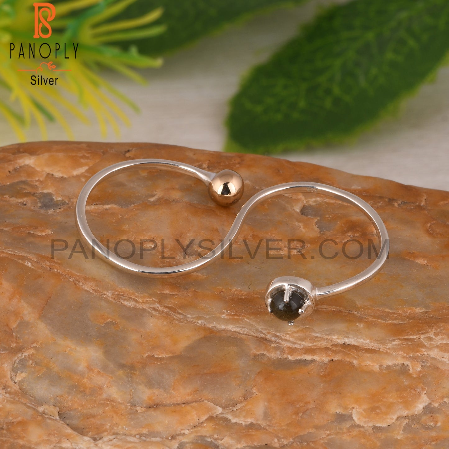 Gold Sheen Obsidian Prong Set And Ball Link 925 Silver Ring