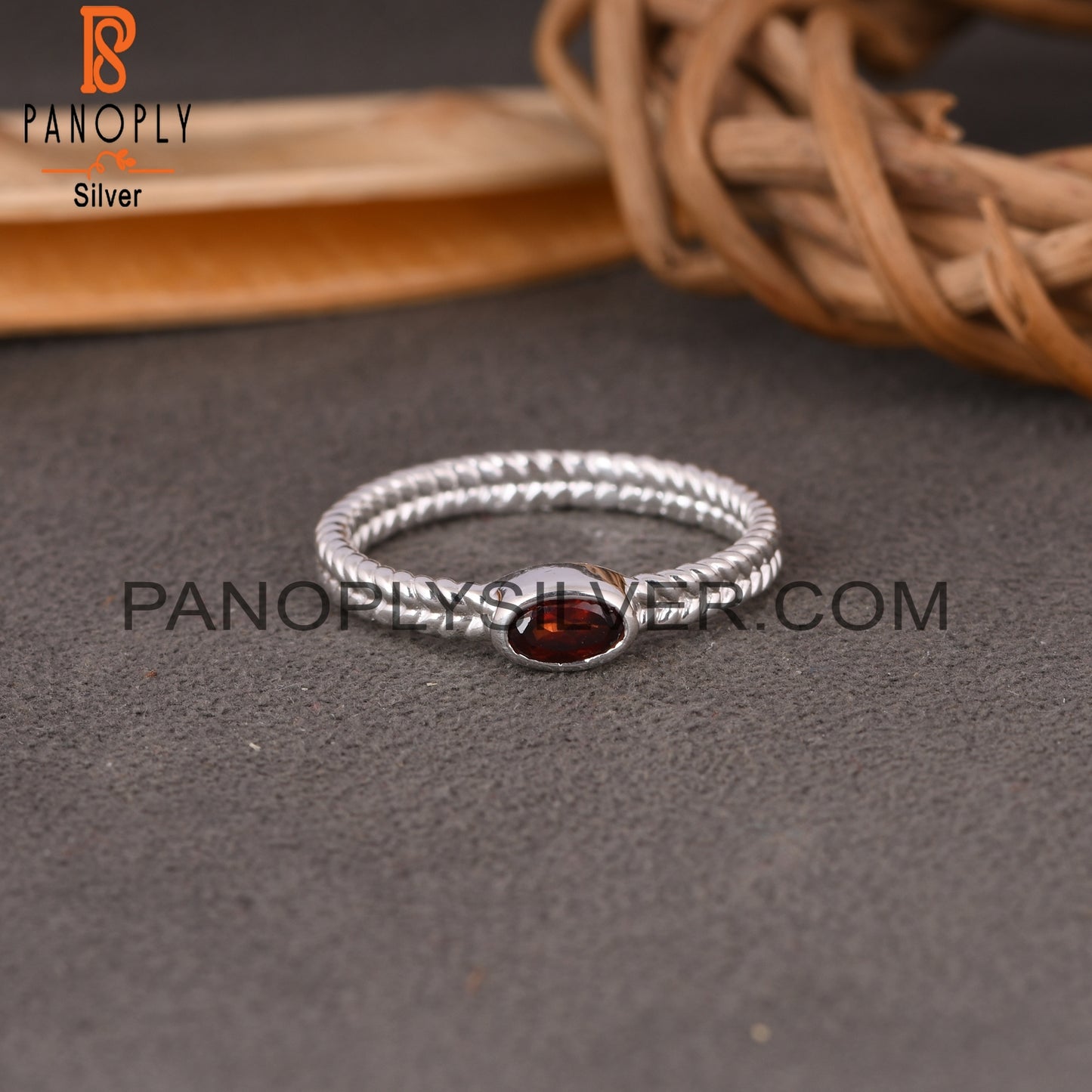 Two Band Garnet Oval 925 Sterling Silver Ring