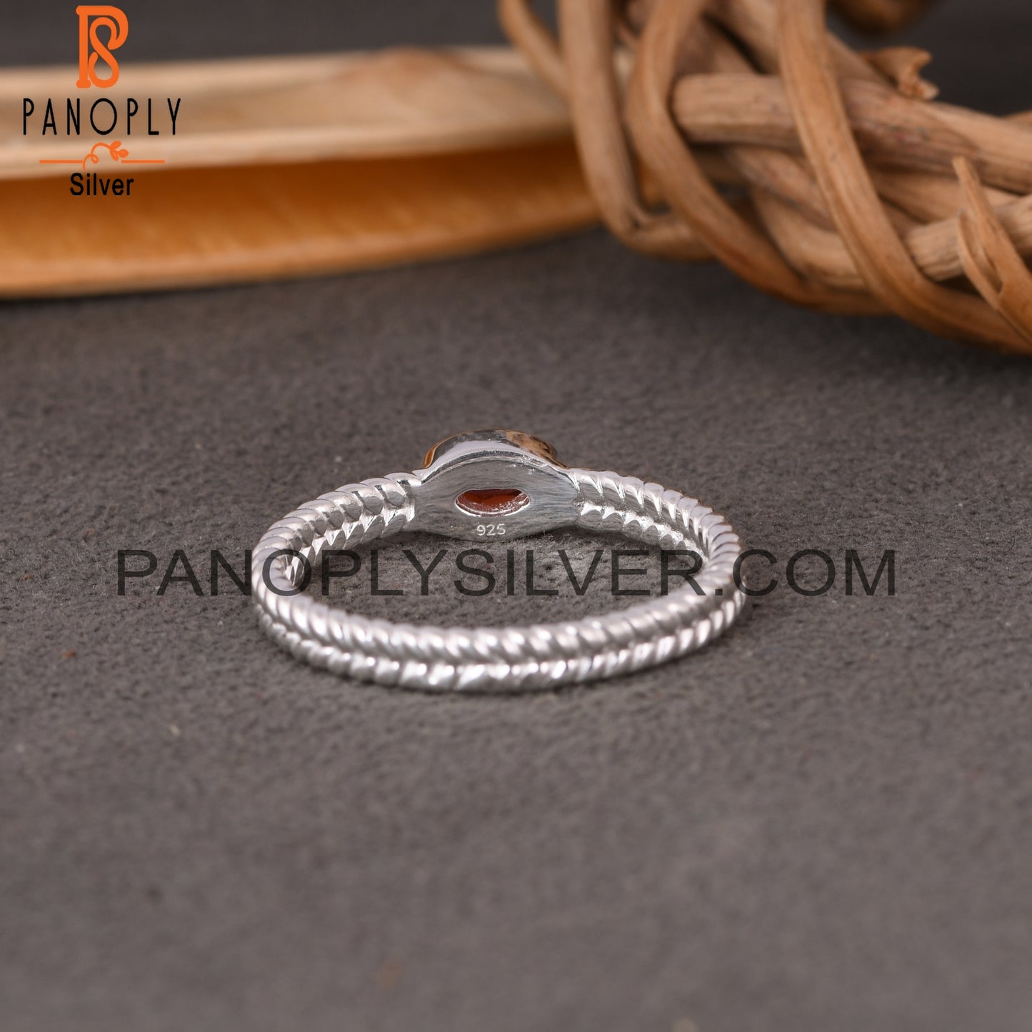 Two Band Garnet Oval 925 Sterling Silver Ring