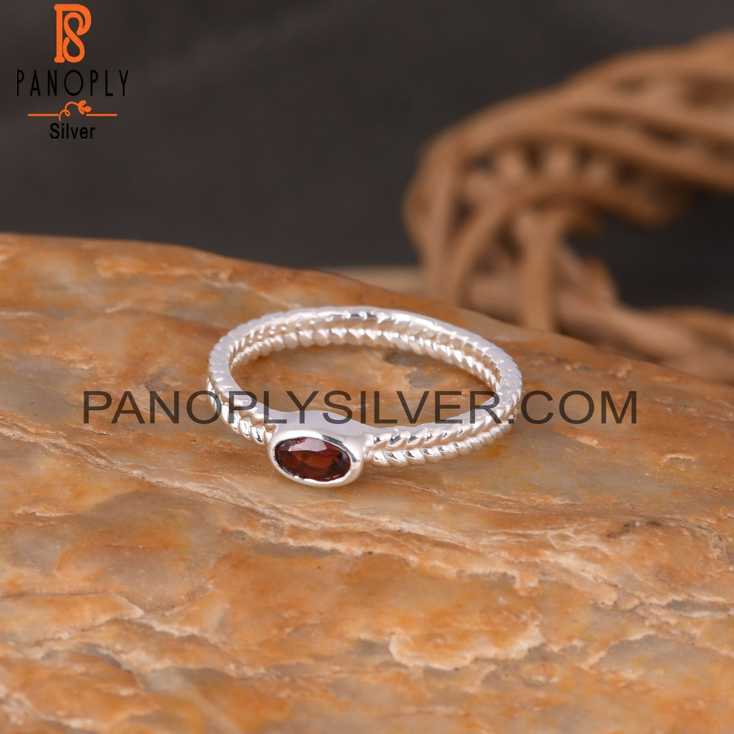 Two Band Garnet Oval 925 Sterling Silver Ring