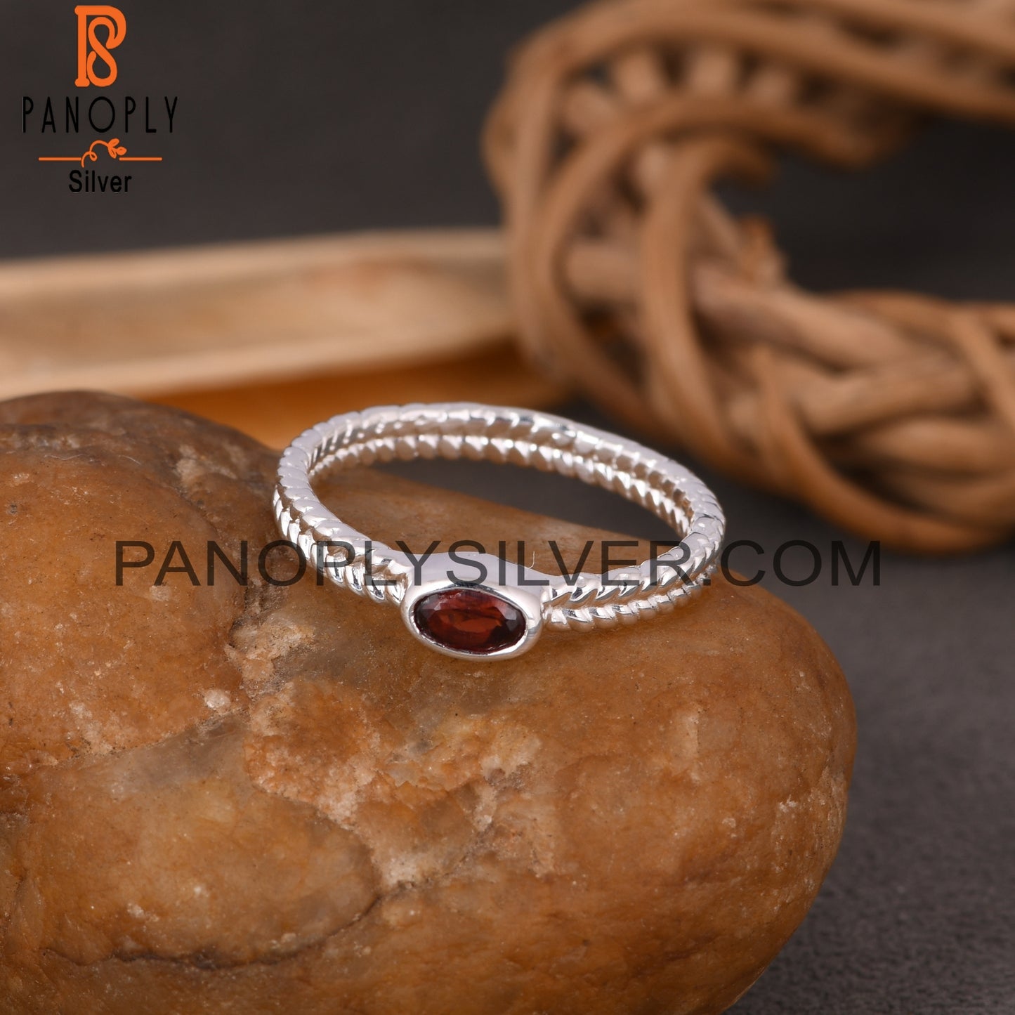 Two Band Garnet Oval 925 Sterling Silver Ring