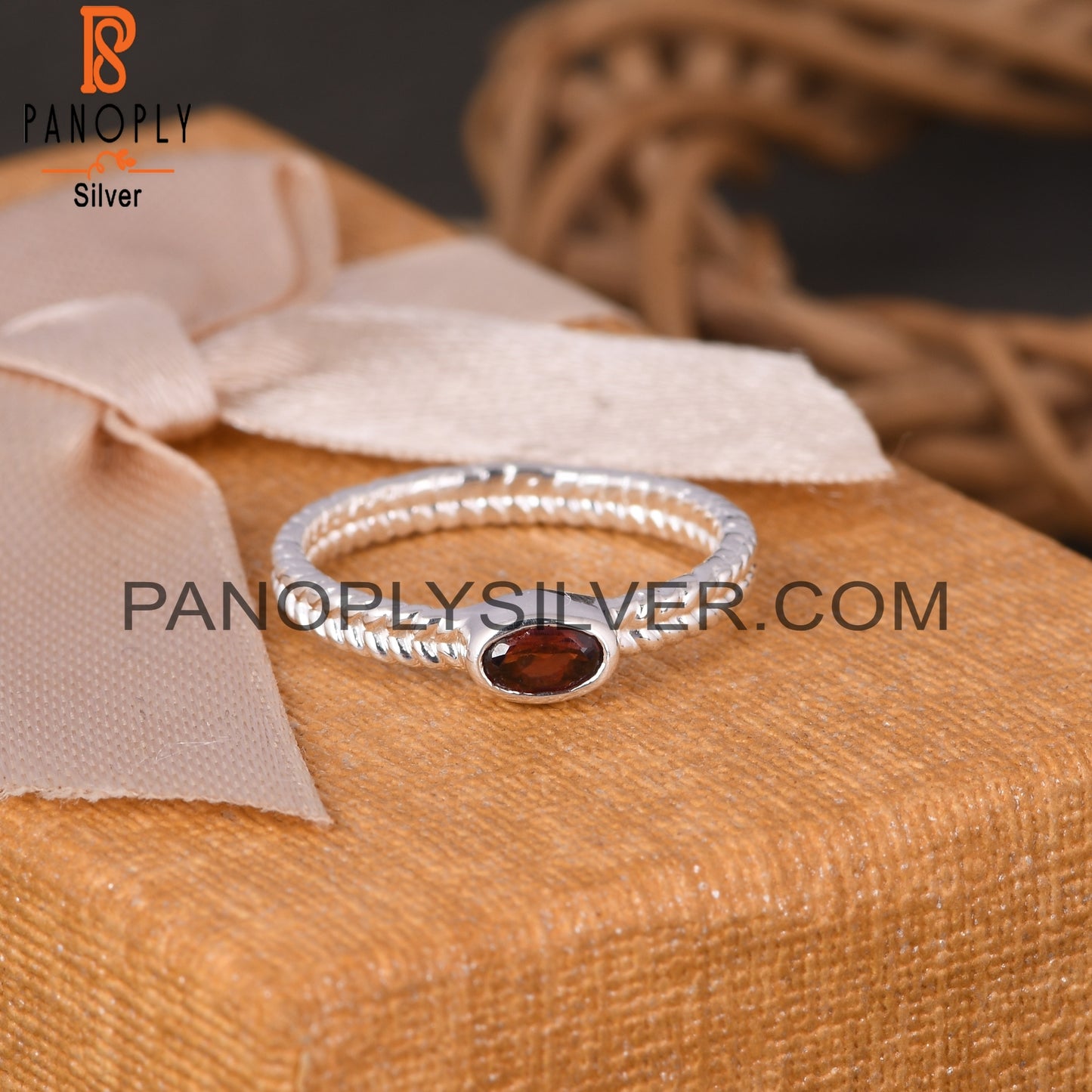 Two Band Garnet Oval 925 Sterling Silver Ring