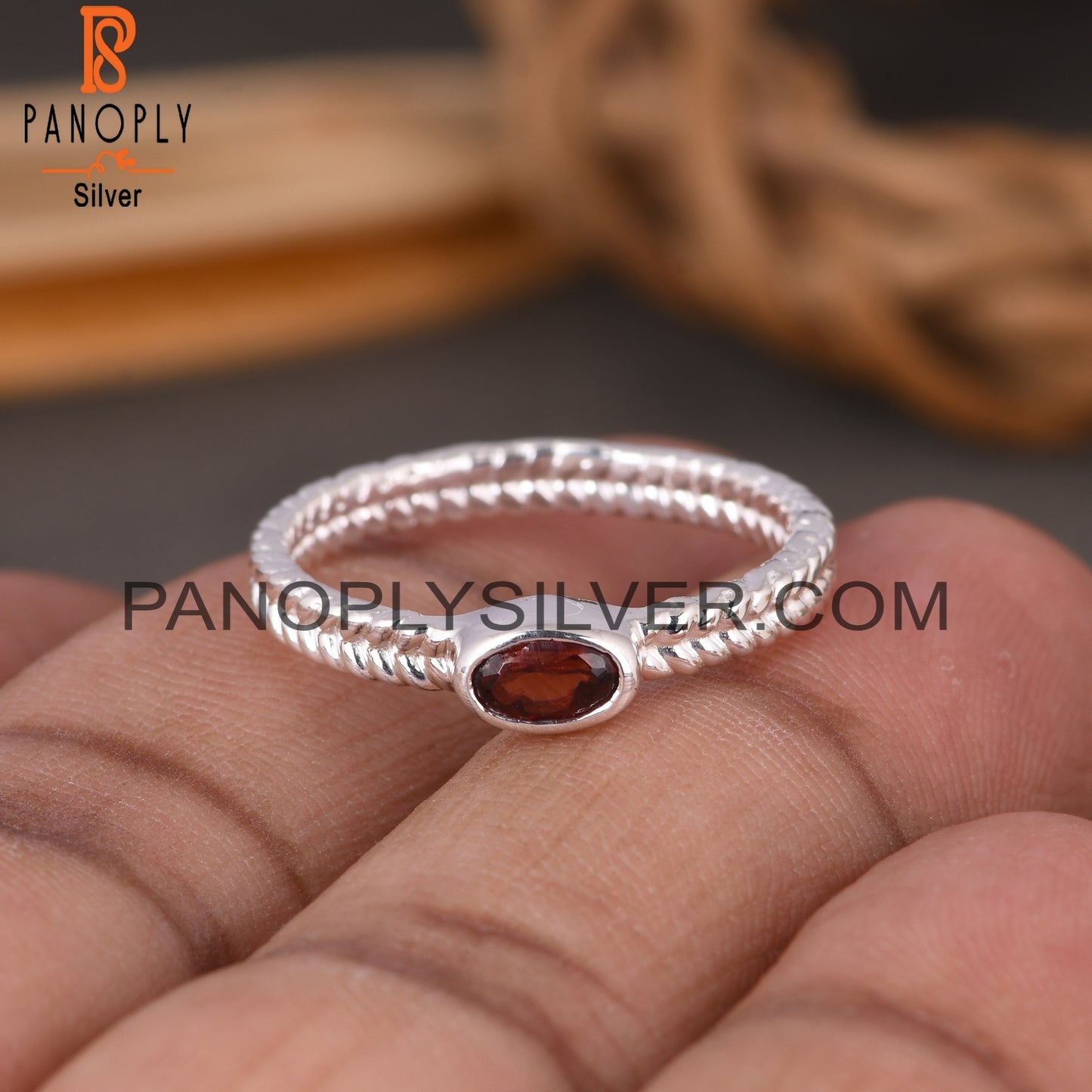 Two Band Garnet Oval 925 Sterling Silver Ring