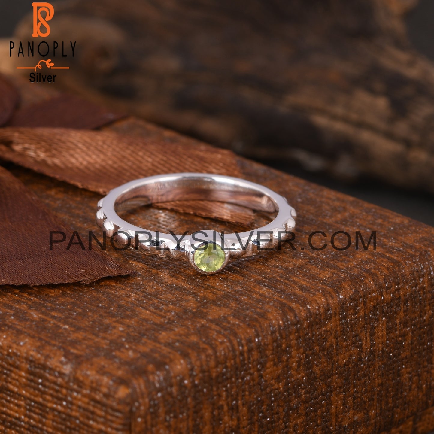 Bead Band Peridot Round 925 Sterling Silver Ring